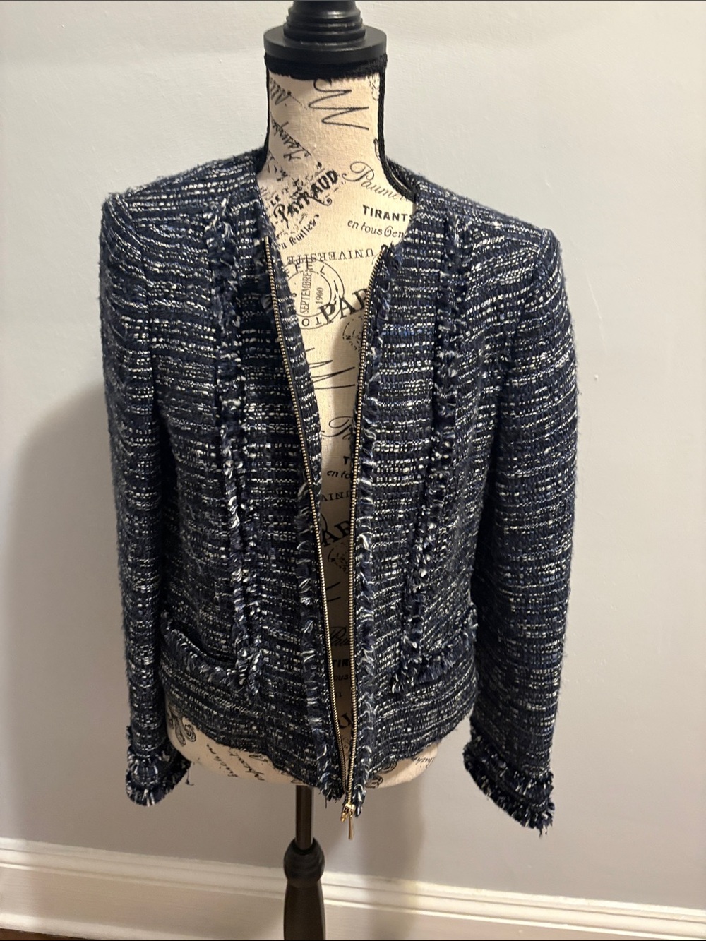 Karl Lagerfeld Navy Tweed Zip Front Jacket